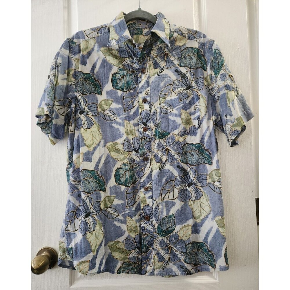 Caribbean Joe Men's Short Sleeve Hawaiian Blue Shirt Button Up Cotton Size M